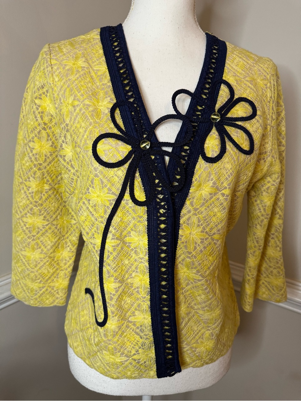 Anthropologie Field Flower Yellow Floral Lace Knit Cardigan with Navy Trim Sz M